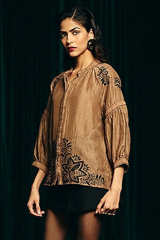 Brown Viscose Linen Hand Embroidered Blouse by talitha