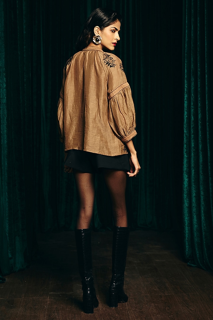 Brown Viscose Linen Hand Embroidered Blouse by talitha at Pernia's Pop Up Shop