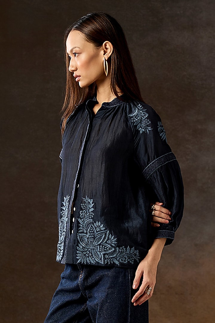 Navy Blue Viscose Linen Hand Embroidered Blouse by talitha at Pernia's Pop Up Shop