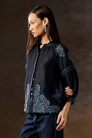 Navy Blue Viscose Linen Hand Embroidered Blouse by talitha