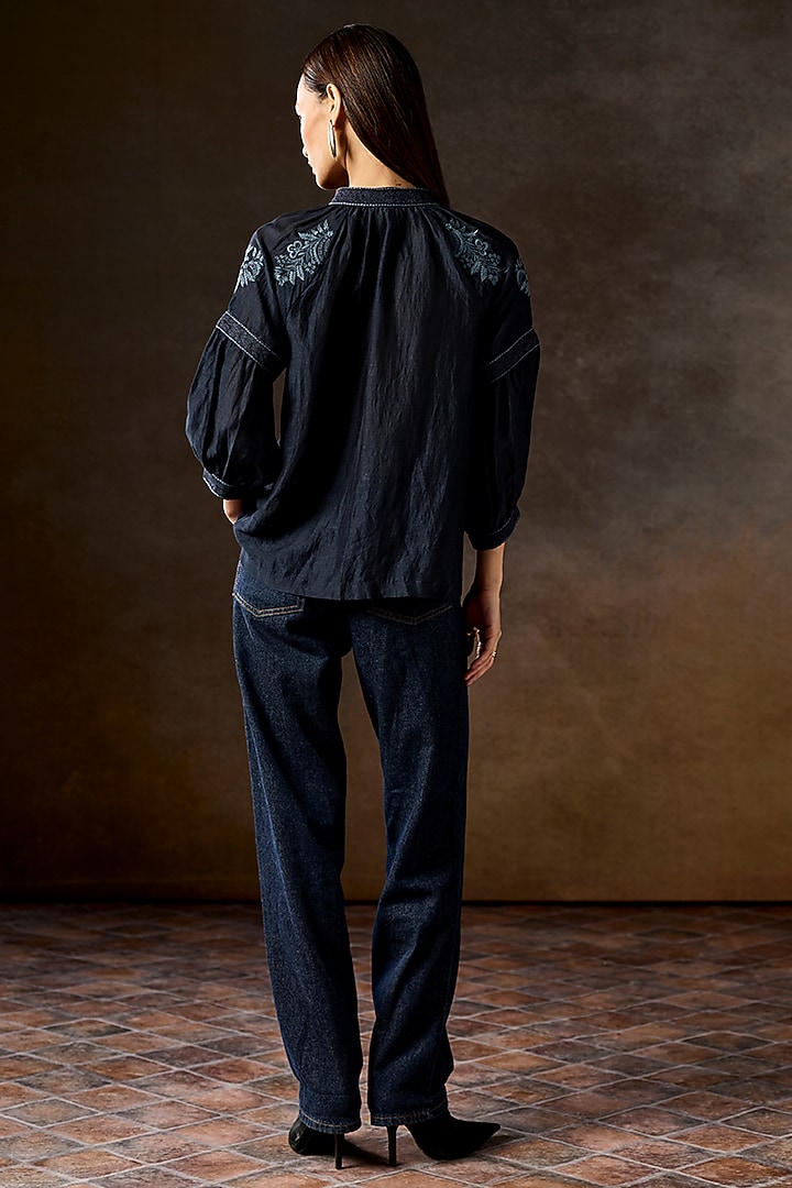Navy Blue Viscose Linen Hand Embroidered Blouse by talitha at Pernia's Pop Up Shop