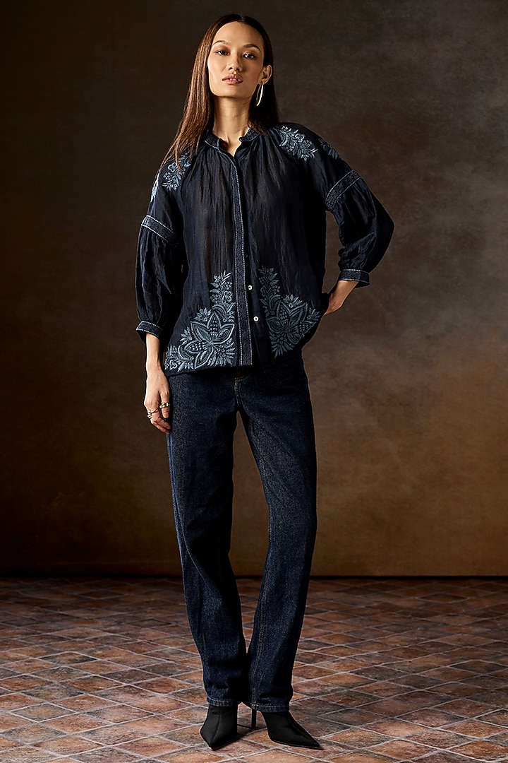 Navy Blue Viscose Linen Hand Embroidered Blouse by talitha at Pernia's Pop Up Shop
