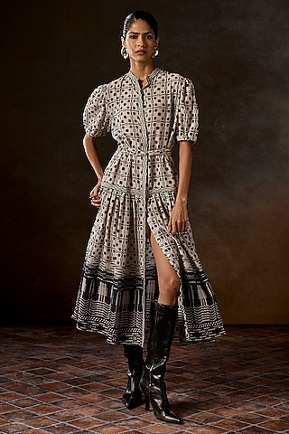 Ivory Viscose Linen Digital Printed Dress by talitha