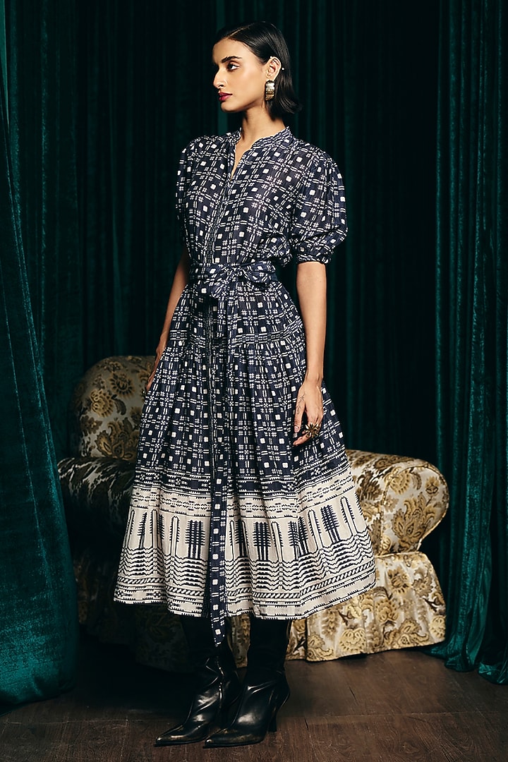 Navy Blue Viscose Linen Digital Printed Vacation Dress by talitha at Pernia's Pop Up Shop