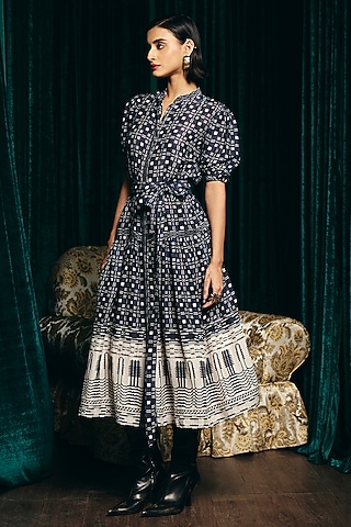 Navy Blue Viscose Linen Digital Printed Dress by talitha