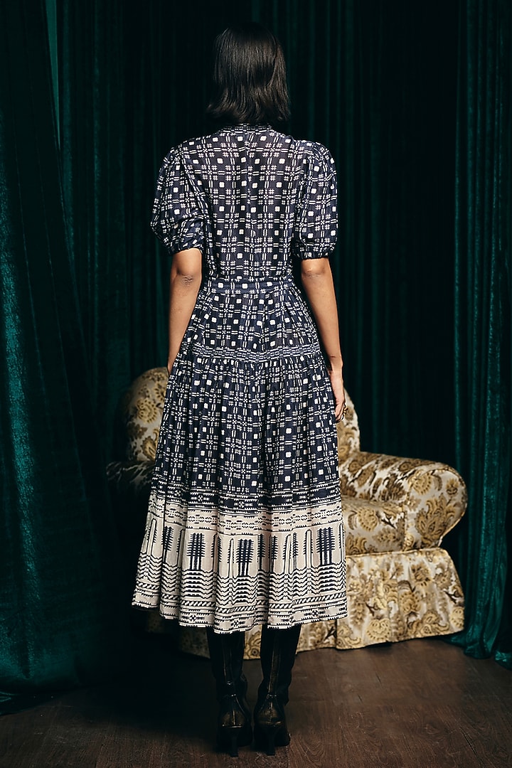 Navy Blue Viscose Linen Digital Printed Vacation Dress by talitha at Pernia's Pop Up Shop