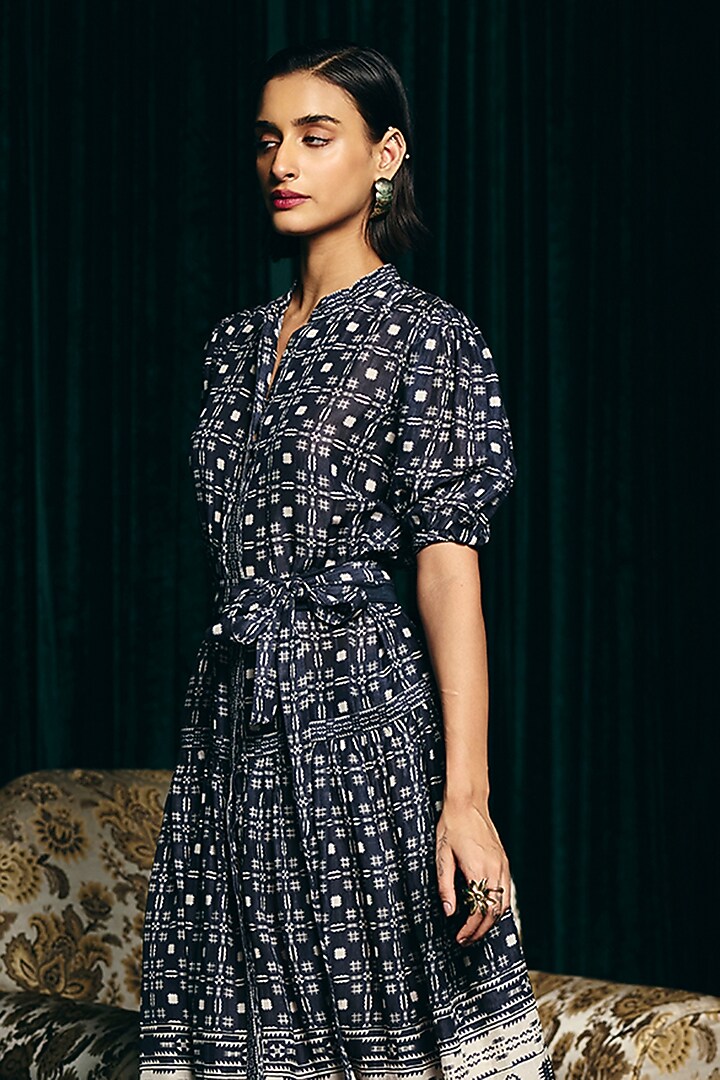 Navy Blue Viscose Linen Digital Printed Vacation Dress by talitha at Pernia's Pop Up Shop