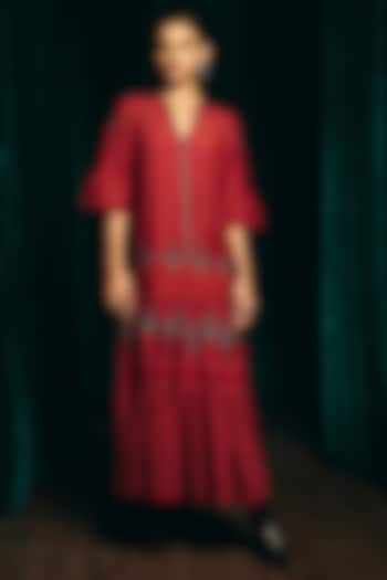 Red Linen Blend Hand Embroidered Tiered Cocktail Dress by talitha at Pernia's Pop Up Shop