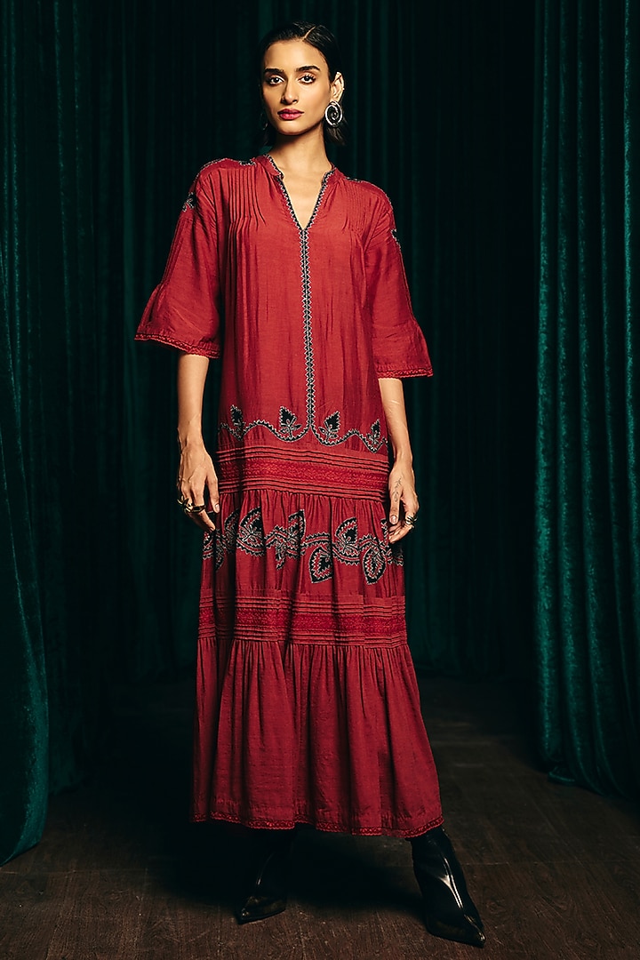 Red Linen Blend Hand Embroidered Tiered Cocktail Dress by talitha at Pernia's Pop Up Shop