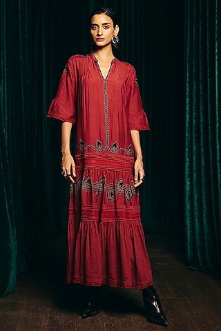 Red Linen Blend Hand Embroidered Tiered Dress by talitha