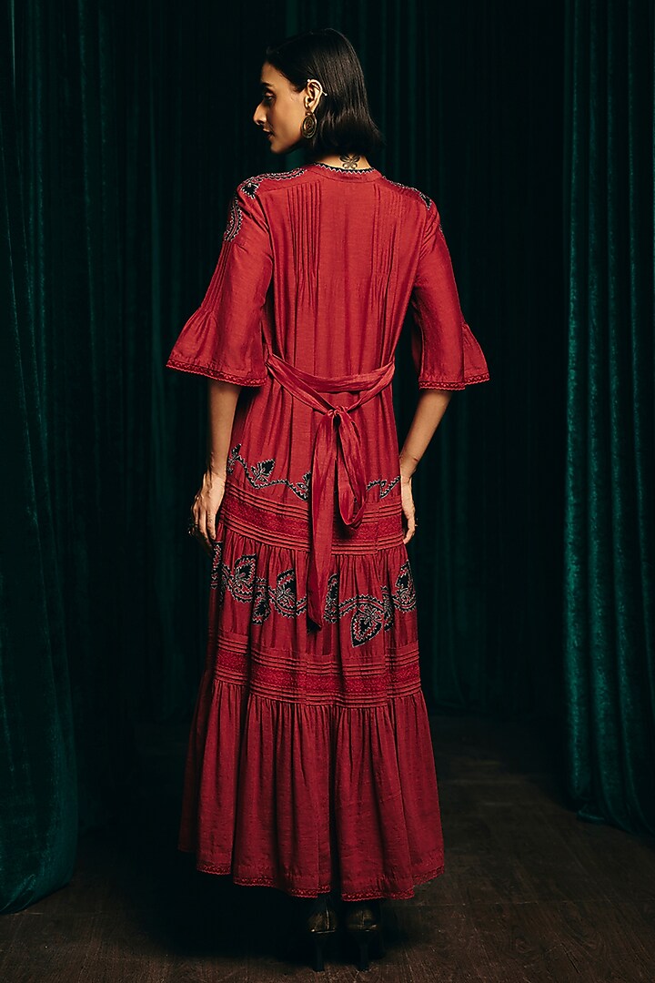 Red Linen Blend Hand Embroidered Tiered Cocktail Dress by talitha at Pernia's Pop Up Shop