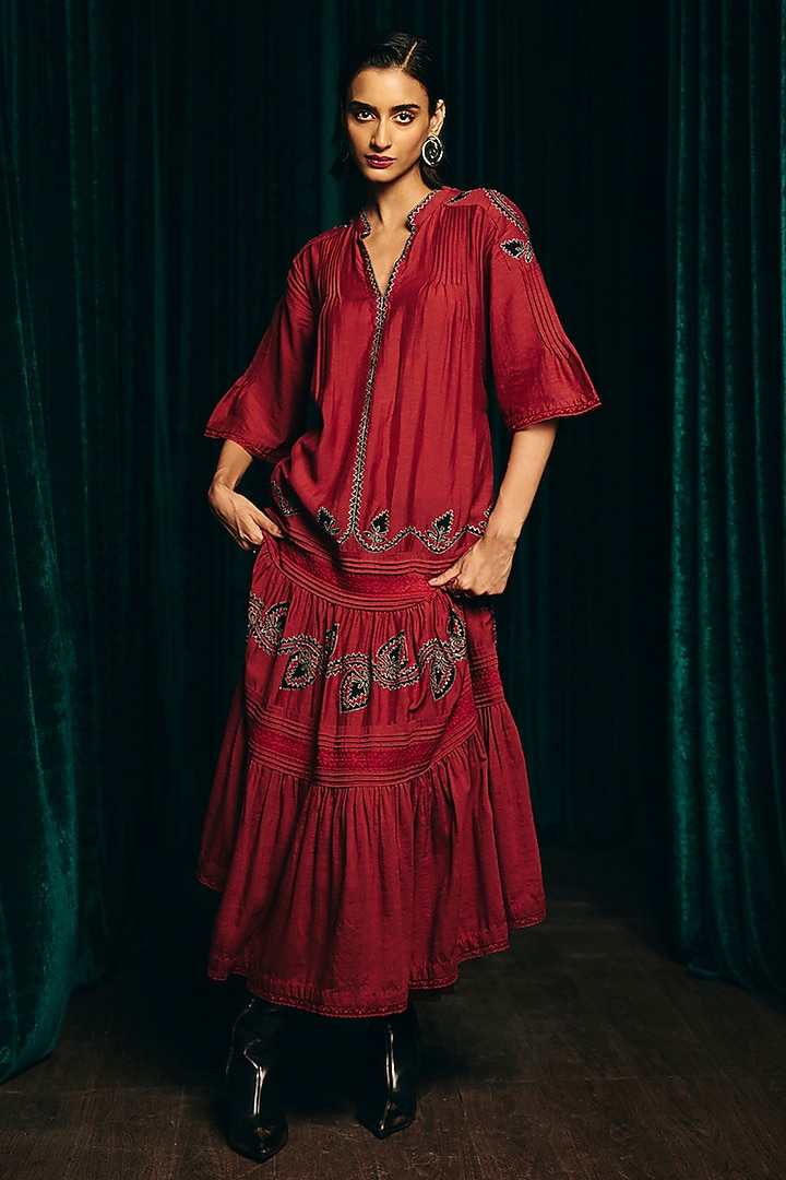 Red Linen Blend Hand Embroidered Tiered Cocktail Dress by talitha at Pernia's Pop Up Shop