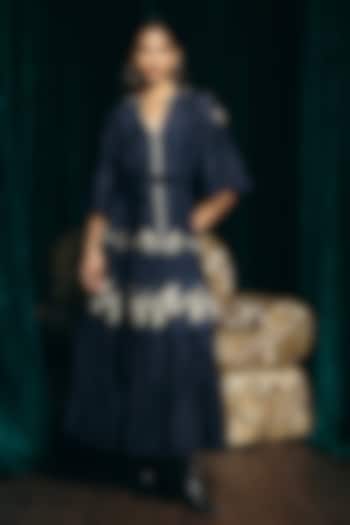 Navy Blue Linen Blend Hand Embroidered Tiered Cocktail Dress by talitha at Pernia's Pop Up Shop