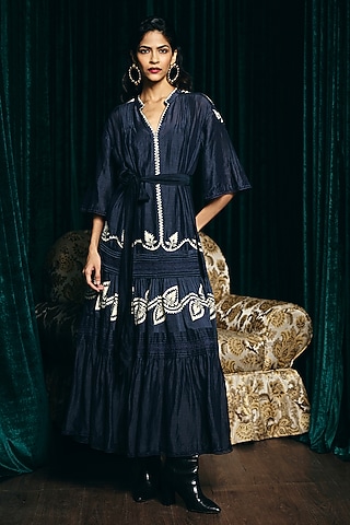 Navy Blue Linen Blend Hand Embroidered Tiered Dress by talitha