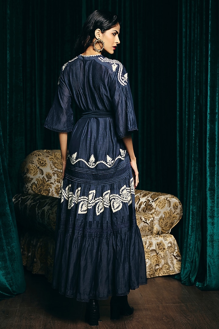 Navy Blue Linen Blend Hand Embroidered Tiered Cocktail Dress by talitha at Pernia's Pop Up Shop