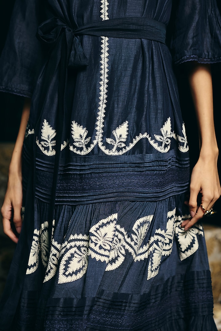 Navy Blue Linen Blend Hand Embroidered Tiered Cocktail Dress by talitha at Pernia's Pop Up Shop