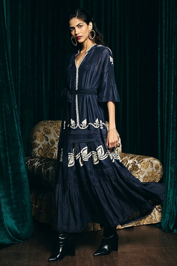 Navy Blue Linen Blend Hand Embroidered Tiered Cocktail Dress by talitha at Pernia's Pop Up Shop