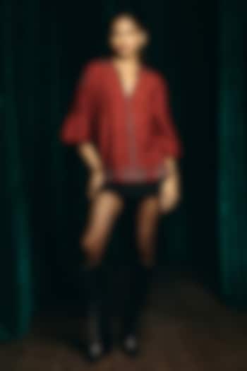 Navy Blue Linen Blend Hand Embroidered Blouse by talitha at Pernia's Pop Up Shop