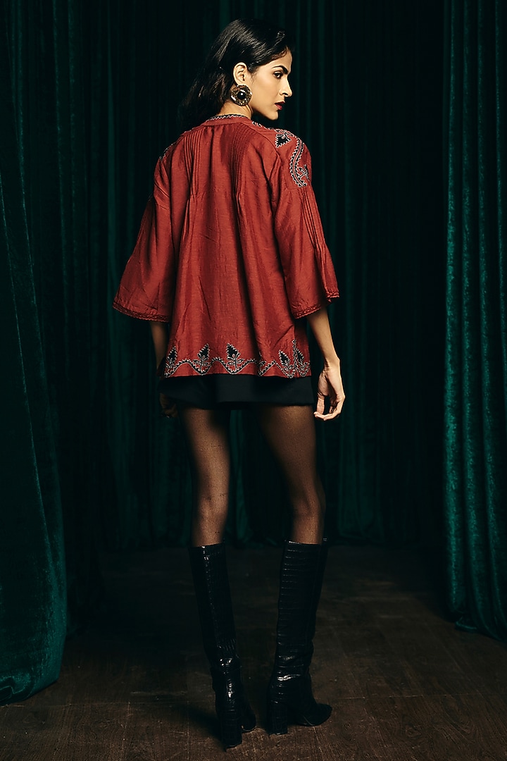 Navy Blue Linen Blend Hand Embroidered Blouse by talitha at Pernia's Pop Up Shop