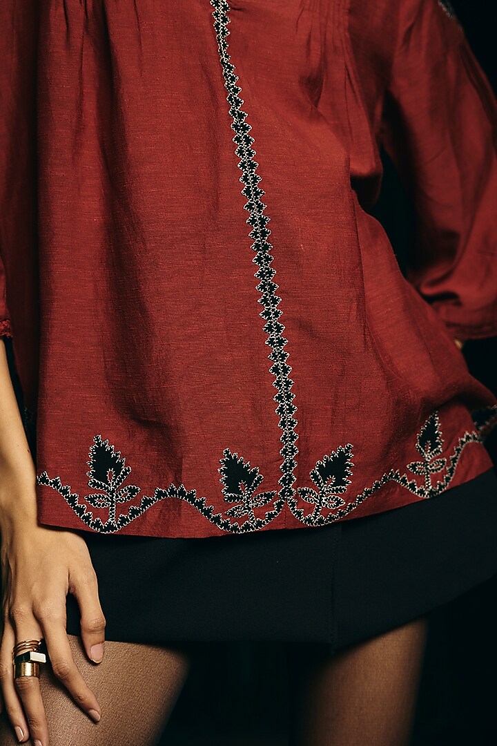 Navy Blue Linen Blend Hand Embroidered Blouse by talitha at Pernia's Pop Up Shop
