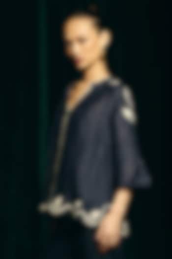 Navy Linen Blend Hand Embroidered Blouse by talitha at Pernia's Pop Up Shop