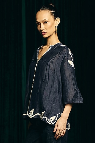 Navy Linen Blend Hand Embroidered Blouse by talitha