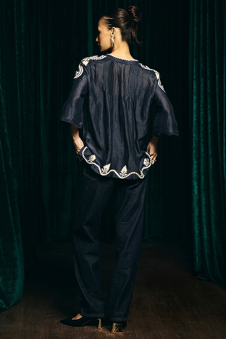 Navy Linen Blend Hand Embroidered Blouse by talitha at Pernia's Pop Up Shop