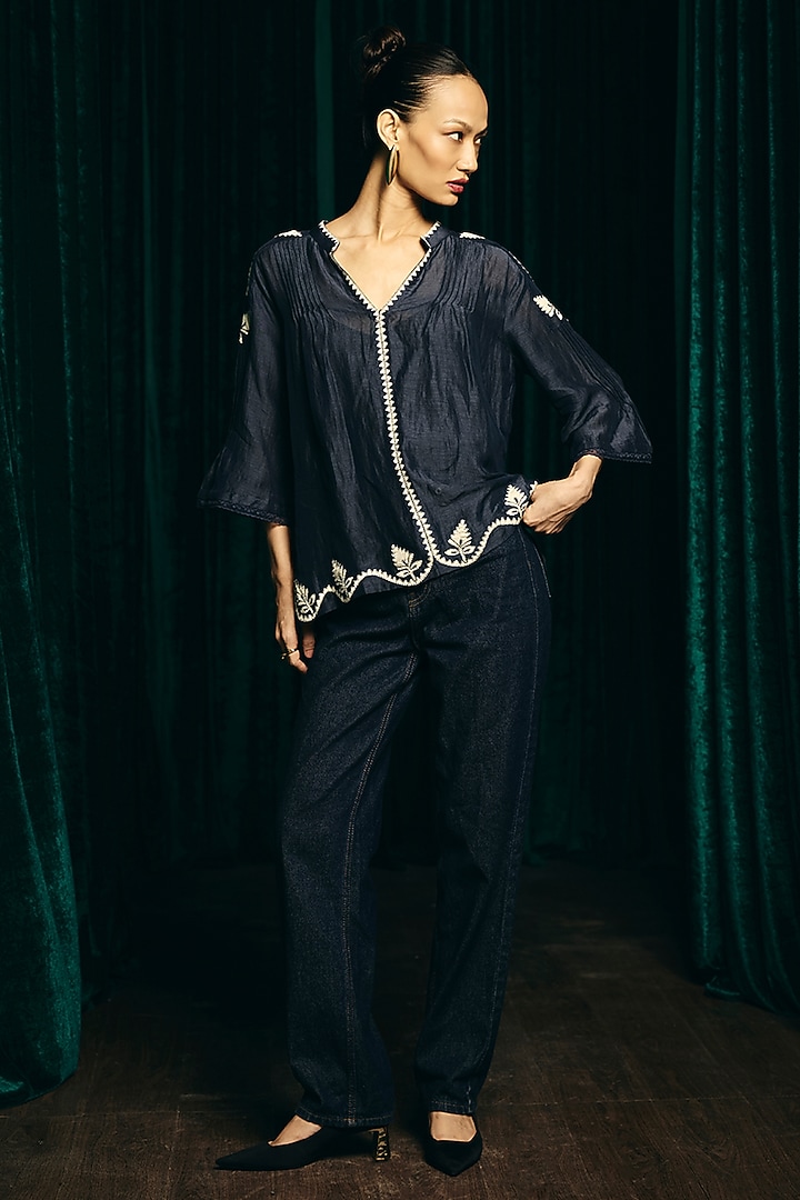 Navy Linen Blend Hand Embroidered Blouse by talitha at Pernia's Pop Up Shop