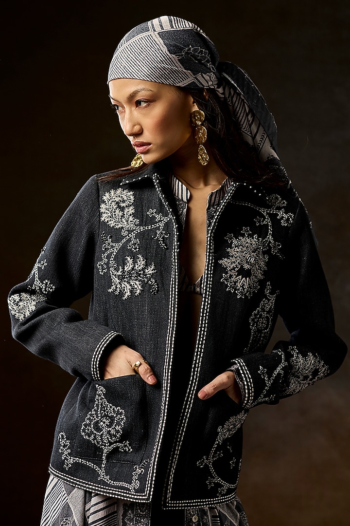 Stone Grey Dyed Denim Hand Embroidered Jacket by talitha at Pernia's Pop Up Shop