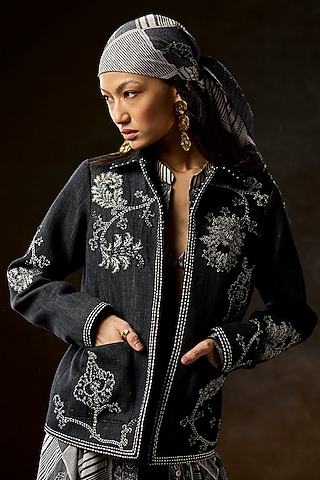 Stone Grey Dyed Denim Hand Embroidered Jacket by talitha