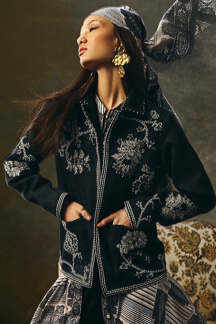 Stone Grey Dyed Denim Hand Embroidered Jacket by talitha at Pernia's Pop Up Shop