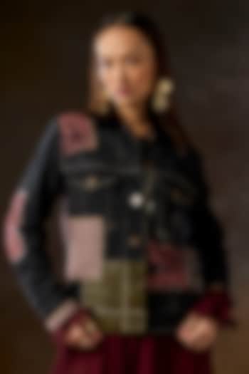 Charcoal Grey & Multi-Colored Handwoven Fabric Thread Embroidered Jacket by talitha at Pernia's Pop Up Shop