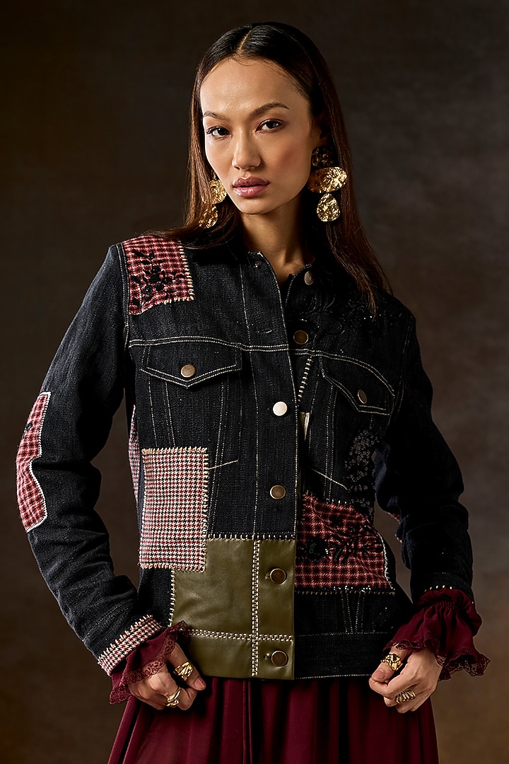 Charcoal Grey & Multi-Colored Handwoven Fabric Thread Embroidered Jacket by talitha at Pernia's Pop Up Shop