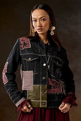 Charcoal Grey & Multi-Colored Handwoven Fabric Thread Embroidered Jacket by talitha