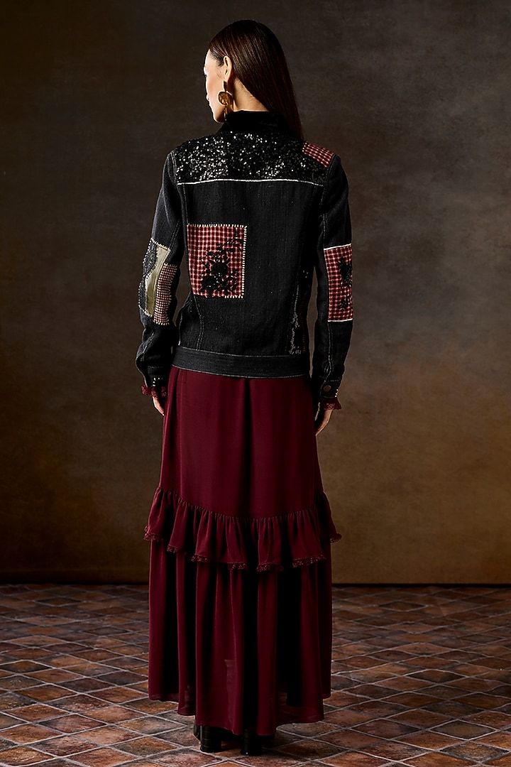 Charcoal Grey & Multi-Colored Handwoven Fabric Thread Embroidered Jacket by talitha at Pernia's Pop Up Shop