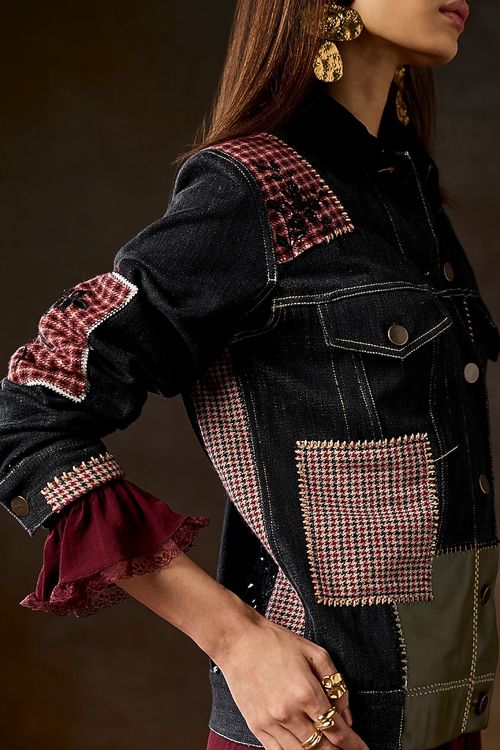 Charcoal Grey & Multi-Colored Handwoven Fabric Thread Embroidered Jacket by talitha at Pernia's Pop Up Shop
