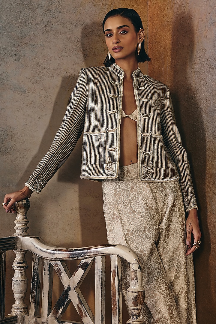 Gold Handwoven Tussar Silk Dabka Embroidered Jacket by talitha at Pernia's Pop Up Shop