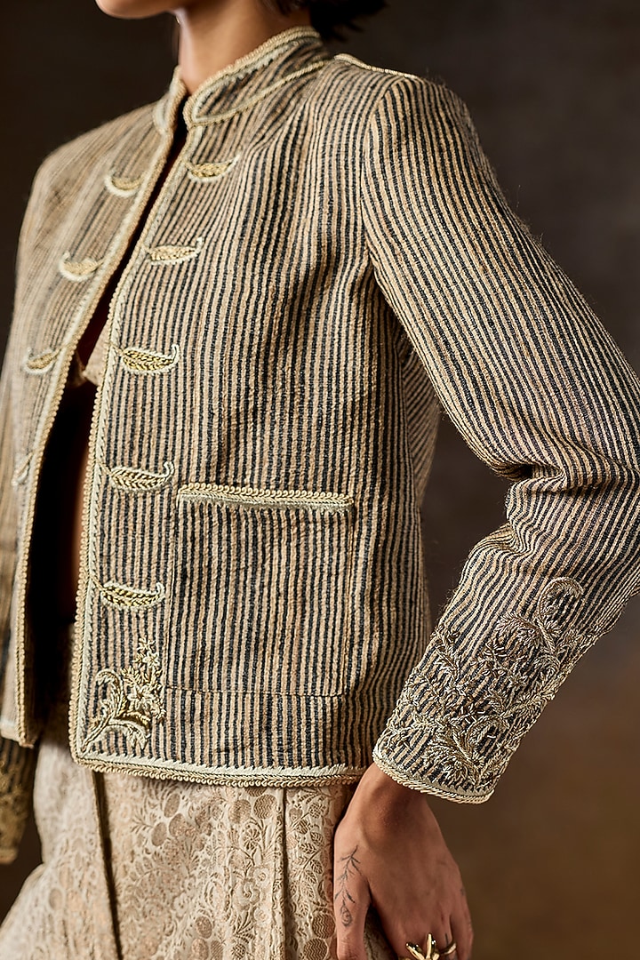 Gold Handwoven Tussar Silk Dabka Embroidered Jacket by talitha at Pernia's Pop Up Shop