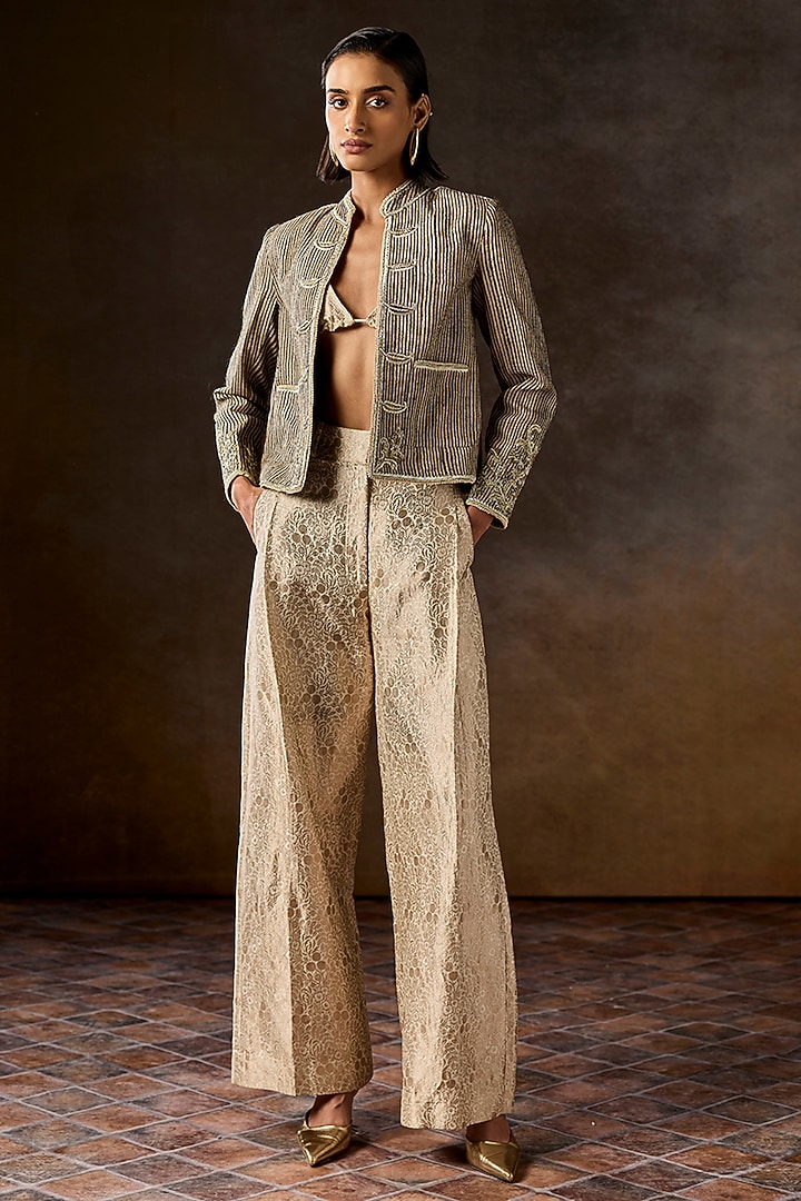 Gold Handwoven Tussar Silk Dabka Embroidered Jacket by talitha at Pernia's Pop Up Shop