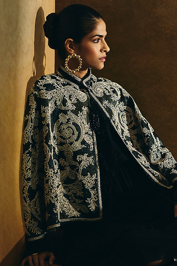 Charcoal Green Pure Silk Bead Embroidered Cape by talitha at Pernia's Pop Up Shop