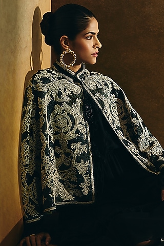 Charcoal Green Pure Silk Bead Embroidered Cape by talitha
