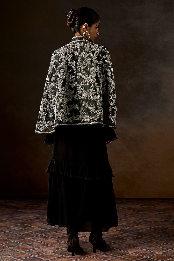 Charcoal Green Pure Silk Bead Embroidered Cape by talitha at Pernia's Pop Up Shop