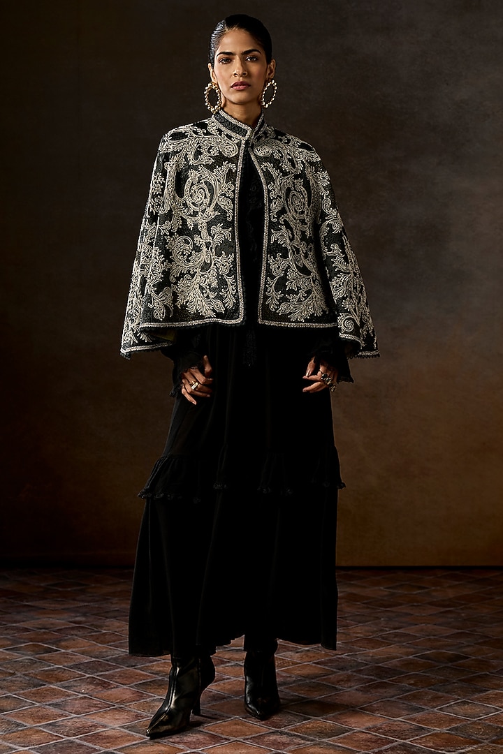 Charcoal Green Pure Silk Bead Embroidered Cape by talitha at Pernia's Pop Up Shop