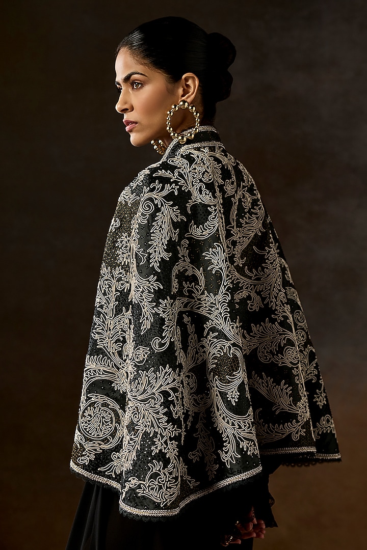 Charcoal Green Pure Silk Bead Embroidered Cape by talitha at Pernia's Pop Up Shop