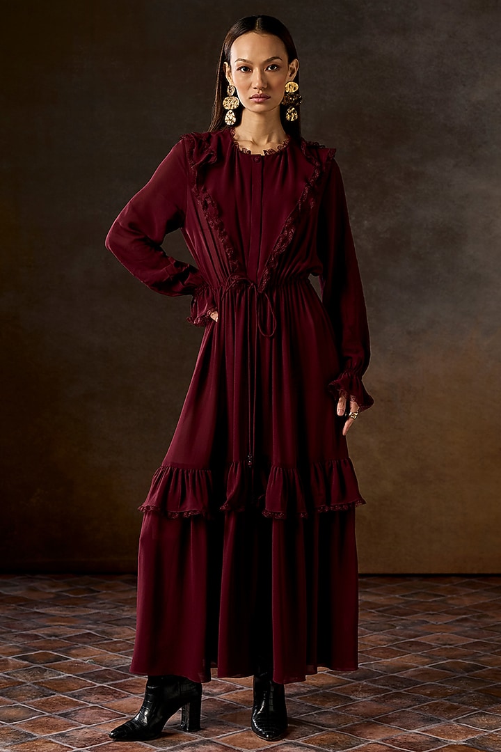 Wine Silk Georgette Ruffled Cocktail Dress by talitha at Pernia's Pop Up Shop