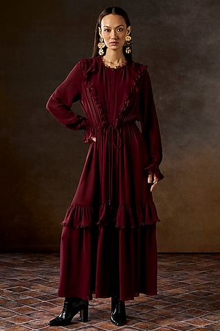 Wine Silk Georgette Ruffled Dress by talitha