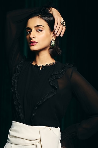 Black Silk Georgette Ruffled Top by Talitha