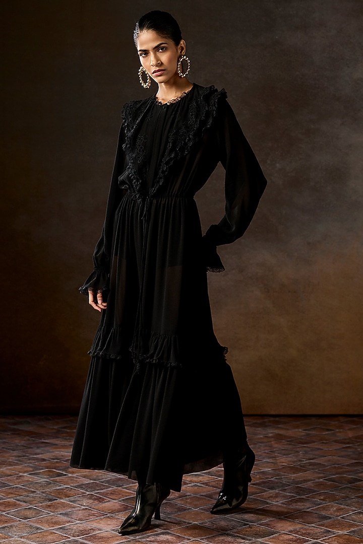 Black Silk Georgette Cutwork Ruffled Cocktail Dress by Talitha at Pernia's Pop Up Shop