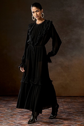 Black Silk Georgette Cutwork Ruffled Dress by Talitha
