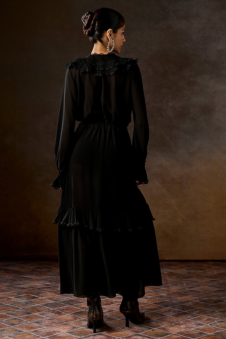 Black Silk Georgette Cutwork Ruffled Cocktail Dress by Talitha at Pernia's Pop Up Shop